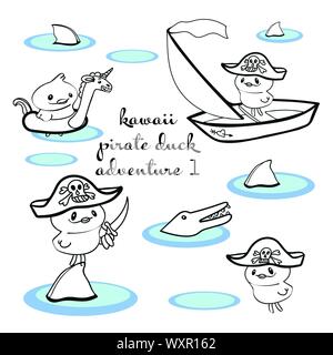 Illustration avec l'art de la ligne noire, thème aventure canard pirate, l'aileron de requin, crocodile et unicorn nager anneau. Drôle et mignon pour le papier et le parfait design projets textiles. Illustration de Vecteur