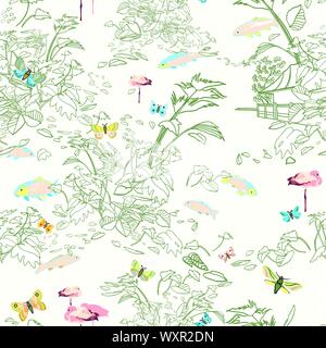 Style gravure jungle exotique la structure du paysage. Jardin botanique, la feuille de style d'art de la ligne, la gravure dans des tons vert pastel. Lake Cottage, poisson, papillon. Packaging design, décoration d'intérieur, à l'arrêt. Illustration de Vecteur