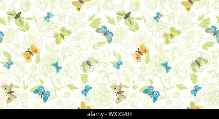 La faune de la pivoine botanique élégant motif papillon pour la nature et les amateurs de jardin . Dispersés à la main, papillon sur pivoine vert pastel et plante. Vecteur transparente.Décoration d'Intérieur, de la papeterie et de la mode. Illustration de Vecteur