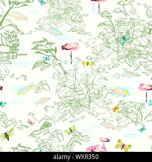 Style gravure jungle exotique la structure du paysage. Jardin botanique, la feuille de style d'art de la ligne, la gravure dans des tons vert pastel. Lake Cottage, poisson, papillon. Packaging design, décoration d'intérieur, à l'arrêt. Illustration de Vecteur