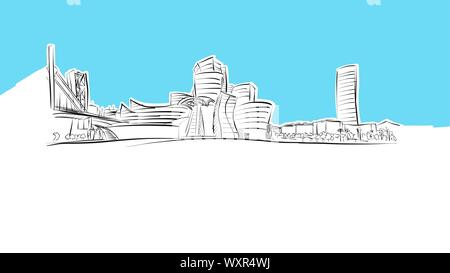 Bilbao Skyline Panorama Vector croquis. Illustration dessinée à la main sur fond bleu. Illustration de Vecteur
