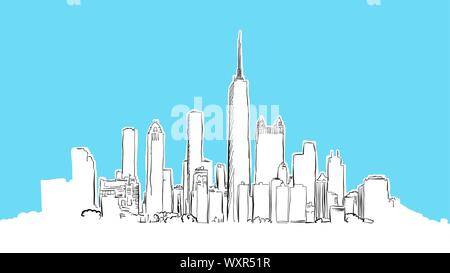 Chicago Skyline Panorama dessin vectoriel. Illustration dessinée à la main sur fond bleu. Illustration de Vecteur