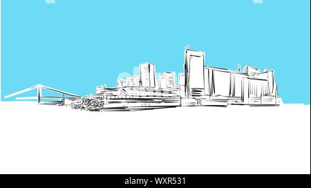 San Francisco Waterfront Skyline Panorama Croquis vecteur. Illustration dessinée à la main sur fond bleu. Illustration de Vecteur