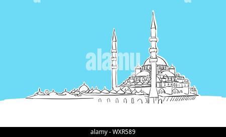 Istanbul Skyline Panorama Vector croquis. Illustration dessinée à la main sur fond bleu. Illustration de Vecteur