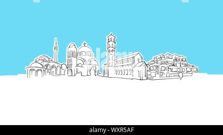 Pristina Kosovo Skyline Panorama Vector croquis. Illustration dessinée à la main sur fond bleu. Illustration de Vecteur