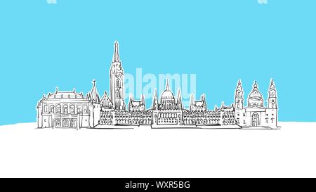 Hongrie Budapest Skyline Panorama Vector croquis. Illustration dessinée à la main sur fond bleu. Illustration de Vecteur