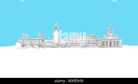 Stockholm, Suède Skyline Panorama Vector croquis. Illustration dessinée à la main sur fond bleu. Illustration de Vecteur