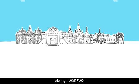 Kiev, Ukraine Skyline Panorama Vector croquis. Illustration dessinée à la main sur fond bleu. Illustration de Vecteur