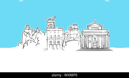 San Marino Skyline Panorama Vector croquis. Illustration dessinée à la main sur fond bleu. Illustration de Vecteur