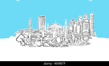 Istanbul Skyline Panorama Vector croquis. Illustration dessinée à la main sur fond bleu. Illustration de Vecteur