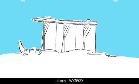 Singapour Marina Bay Skyline Panorama dessin vectoriel. Illustration dessinée à la main sur fond bleu. Illustration de Vecteur