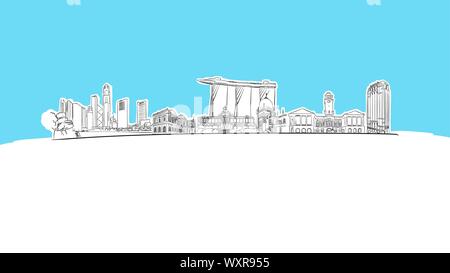 Singapour Skyline Panorama Vector croquis. Illustration dessinée à la main sur fond bleu. Illustration de Vecteur