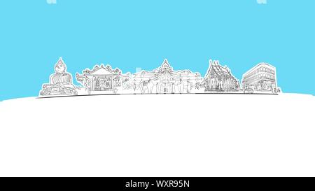 Phuket Skyline Panorama Vector croquis. Illustration dessinée à la main sur fond bleu. Illustration de Vecteur