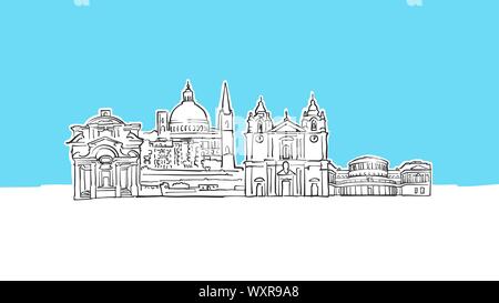 La Valette, Malte Skyline Panorama Vector croquis. Illustration dessinée à la main sur fond bleu. Illustration de Vecteur