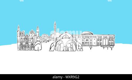 Skopje, Macédoine Skyline Panorama Vector croquis. Illustration dessinée à la main sur fond bleu. Illustration de Vecteur