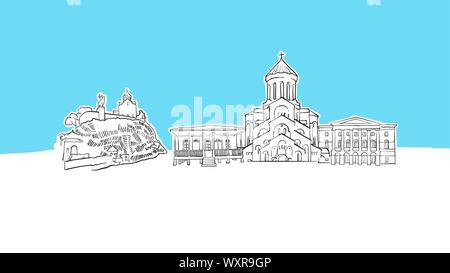 Tbilisi Géorgie Skyline Panorama Vector croquis. Illustration dessinée à la main sur fond bleu. Illustration de Vecteur