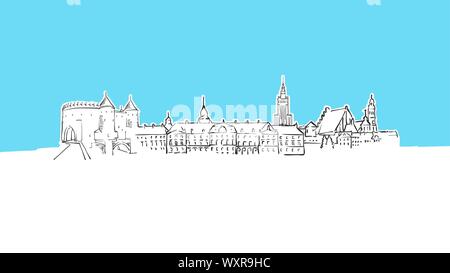 Varsovie, Pologne Skyline Panorama Vector croquis. Illustration dessinée à la main sur fond bleu. Illustration de Vecteur