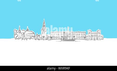 Oslo, Norvège Skyline Panorama Vector croquis. Illustration dessinée à la main sur fond bleu. Illustration de Vecteur