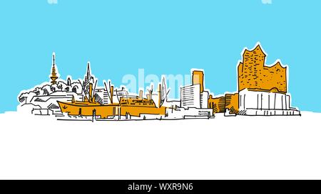 Hambourg Skyline Panorama Vector croquis. Illustration dessinée à la main sur fond bleu. Illustration de Vecteur