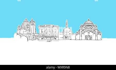 Skyline Panorama Belgrade Croquis vecteur. Illustration dessinée à la main sur fond bleu. Illustration de Vecteur