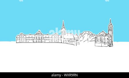 Bratislava, Slovaquie Skyline Panorama Vector croquis. Illustration dessinée à la main sur fond bleu. Illustration de Vecteur