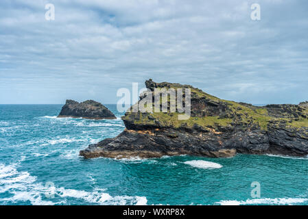 Warren point à l'entrée de Boscastle Harbour en Cornouailles du Nord, Angleterre, Royaume-Uni. Banque D'Images