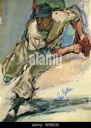 Magazine page autographiée de l'illustration hall of fame pitcher Bob Feller qui était une star avec les Indians de Cleveland de la Ligue américaine. . Banque D'Images