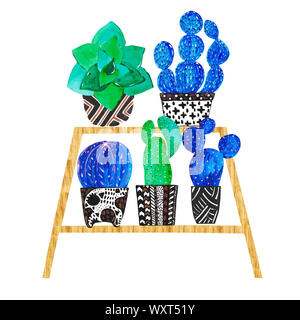 Les succulentes et les cactus en pots sur l'étagère. Illustration peinte Banque D'Images