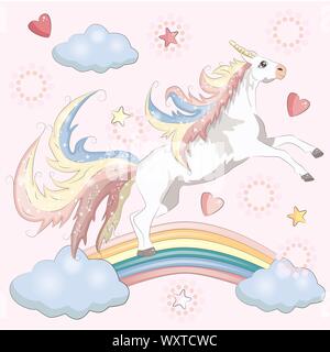Mignon Magic unicorn, marcher sur l'arc-en-ciel, doodle art pépinière Illustration de Vecteur