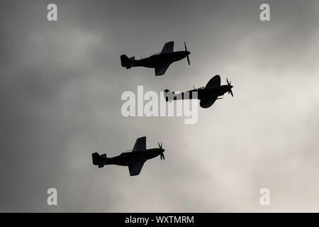 Le thème vintage Goodwood Revival. La plus grande exposition de voiture classique annuelle. Rolls Royce Merlin Spitfire MK IX (milieu) et 2 P51D Mustang avions de prendre le ciel à compter de trois jours d'action à ce qui était autrefois une Westhampnet RAF. UK. Banque D'Images