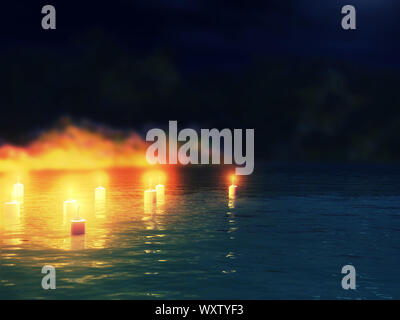 Résumé Contexte La nuit avec 3d des bougies dans l'eau. Banque D'Images