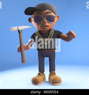 3d Cartoon hiphop noir caractère rappeur holding a hammer, illustration 3D render Banque D'Images