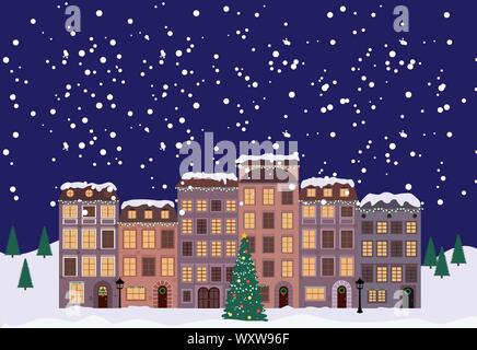 Noël et Nouvel An hiver petit village au style rétro. Vector Illustration Illustration de Vecteur