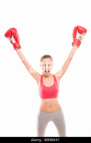 Jolie fille hurlant-gagnant en compétition de boxe Banque D'Images