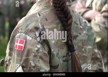 Femme Soldat. Femme dans l'armée. Pavillon du Danemark sur les soldats du bras. Le Danemark l'uniforme militaire. Les troupes danoises Banque D'Images