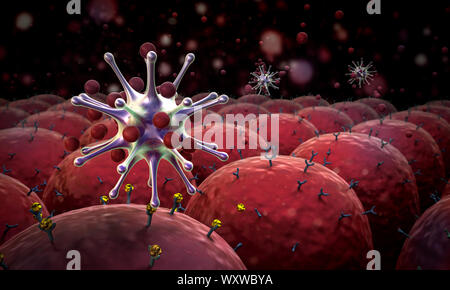 Domaine de cellules, les cellules de terrain avec les récepteurs, les droits de l'attaque du système immunitaire le virus Banque D'Images
