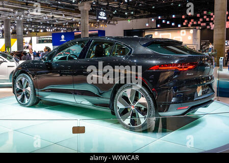 Francfort, Allemagne - Sept 2019 : jaguar noir I-space est un SUV crossover électriques à batterie produit par la compagnie automobile Jaguar Land Rover JLR, Banque D'Images