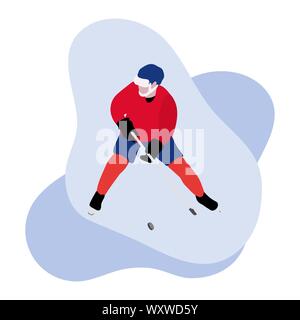 Le joueur de hockey avec bâton de hockey, hockey sur glace palet sur fond blanc. Arrière-plan de sports d'hiver. L'homme jouant au hockey. Tournoi, championnat, competit Illustration de Vecteur