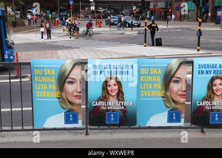 STOCKHOLM, Suède - le 23 août 2018 : chrétiens-démocrates (KD Kristdemokraterna) affiches politiques suédois avant une élection générale (prévue pour septembre Banque D'Images