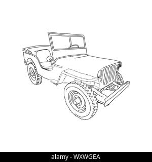 Véhicule militaire armée jeep ligne vectorielle illustration dessiné à la main d'art Illustration de Vecteur