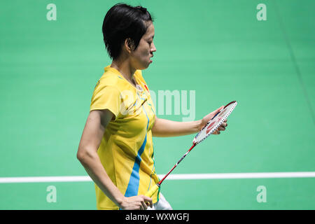 Joueur de badminton de Hong Kong Cheung Ngan Yi est en concurrence contre joueur professionnel japonais Ohori Aya à la première ronde de femmes simple de Victor 2019, Open de Chine à Changzhou city, Jiangsu province de Chine orientale, le 18 septembre 2019. Joueur de badminton de Hong Kong Cheung Ngan Yi défait joueur de badminton professionnel japonais Ohori Aya avec 0-2 à la première ronde de femmes simple de Victor 2019, Open de Chine à Changzhou city, Jiangsu province de Chine orientale, le 18 septembre 2019. Banque D'Images