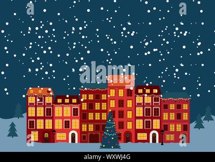 Noël et Nouvel An hiver petit village au style rétro. Vector Illustration Illustration de Vecteur