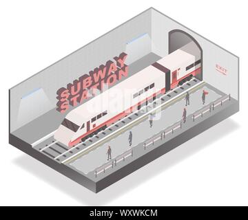 Métro station modèle vecteur bannière isométrique. Les passagers qui attendent sur le quai de métro, train arrivant 3D illustration avec lettrage. Les transports en métro, train, véhicule concept de déplacement urbain Illustration de Vecteur