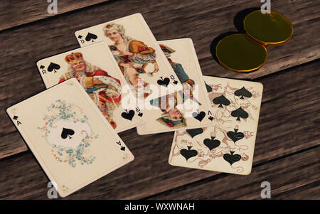 Dans ce Far West still life, une main de poker repose sur une vieille table en bois : une quinte flush royale, la meilleure main au poker Banque D'Images