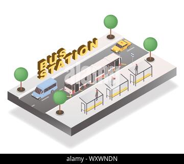 Station de bus modèle vecteur bannière isométrique. Les passagers à bord de route, van et taxi 3D illustration avec lettrage. L'élément de l'architecture urbaine, les transports publics, la ville travel service concept Illustration de Vecteur