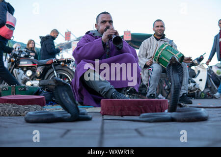 Marrakech, Maroc - 15 jan 2019 : charmeur de serpent à la place Jemaa el Fnaa à Marrakech, Maroc. Banque D'Images