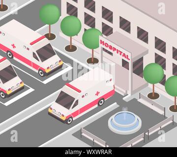 Vector illustration isométrique extérieure de l'hôpital. Ambulance 3D des voitures garées à l'extérieur du bâtiment de la clinique médicale, façade de l'institution. Service d'urgence, premiers soins, santé industrie transport gratuit Illustration de Vecteur