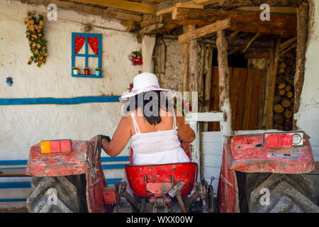 Retour vue arrière d'une femme avec chapeau blanc assis sur un tracteur rouge juste avant le quitter le parc Banque D'Images