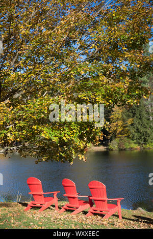 Muskoka chaises, aussi connus comme des chaises Adirondack par sauvetage lac près de Ludlow dans le Vermont, New England, USA Banque D'Images