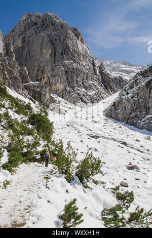 Randonneur sur un sentier de montagne dans les Alpes, la neige en été. Banque D'Images